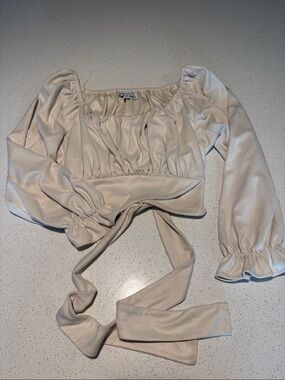 Cream Long-Sleeve Wrap Crop Top
